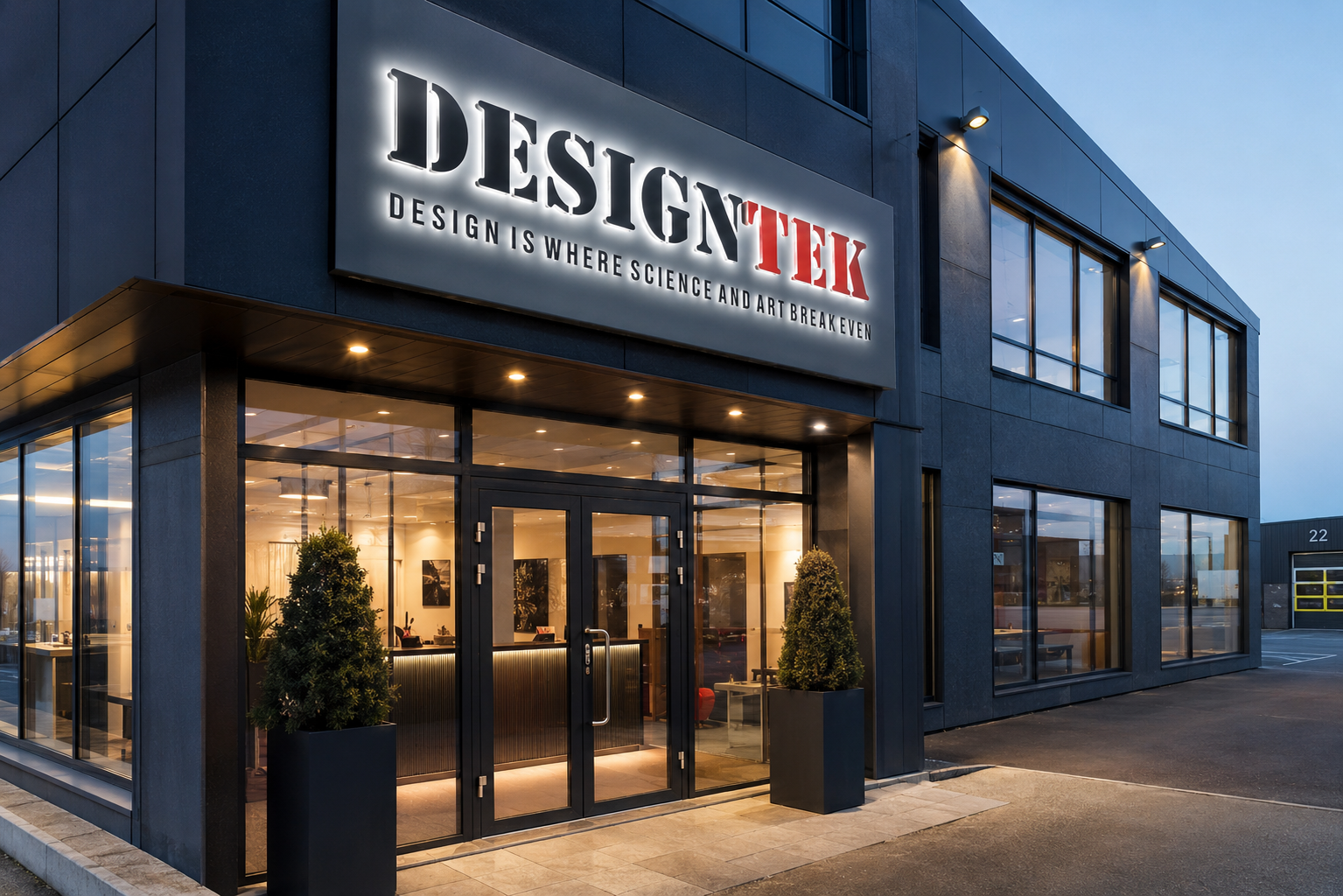 En elegant och modern fasadskylt i aluminium och plexiglas för ett företag i Trollhättan, skapad av Designtek.