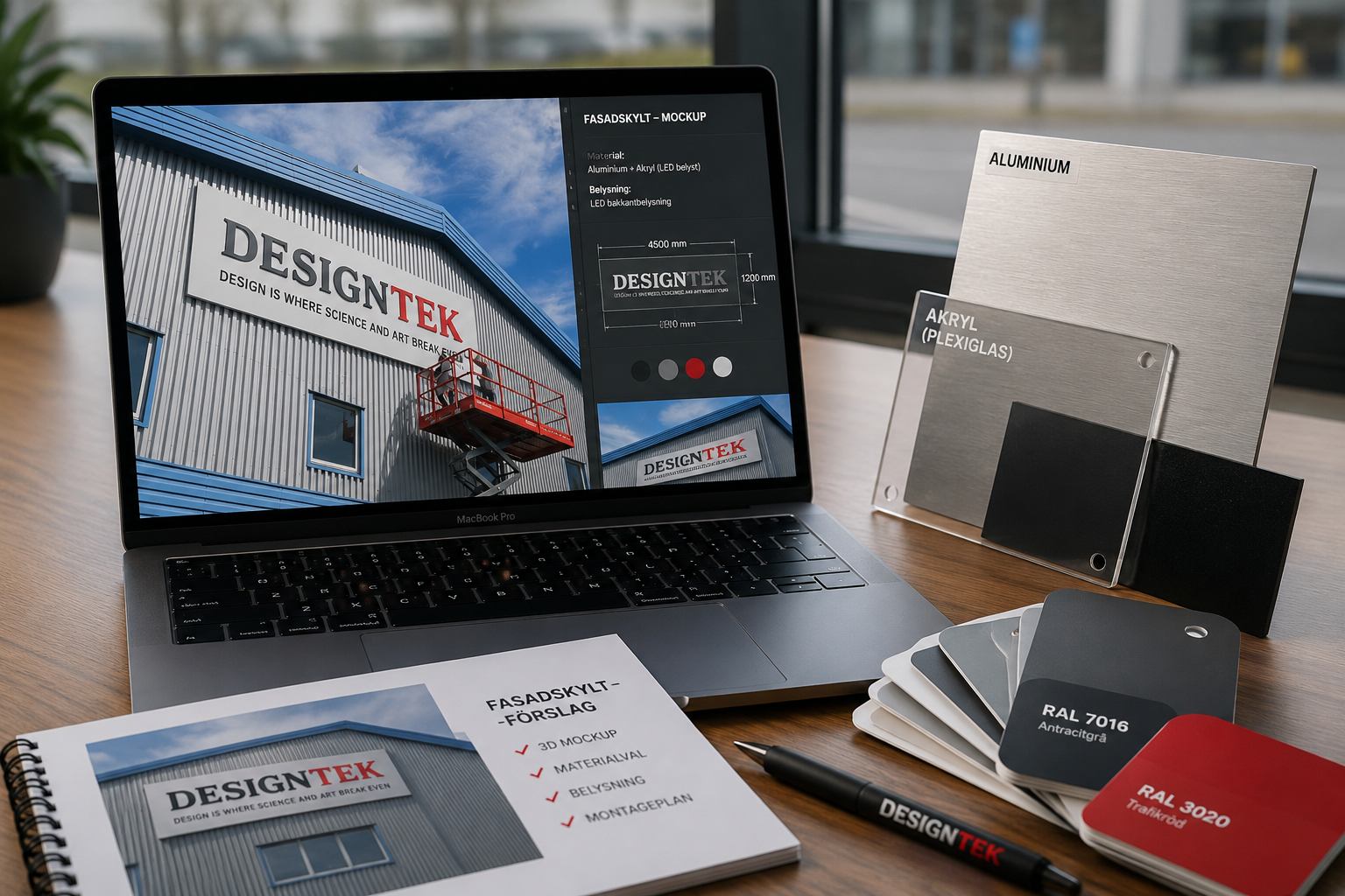 Digital visualisering och mockup av en skyltdesign på en datorskärm bredvid materialprover, visar Designteks designprocess.