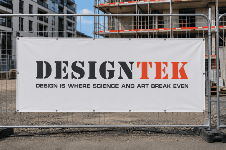 Vindtålig mesh-banderoll tryckt av Designtek, monterad på ett byggstaket för effektiv utomhusreklam.