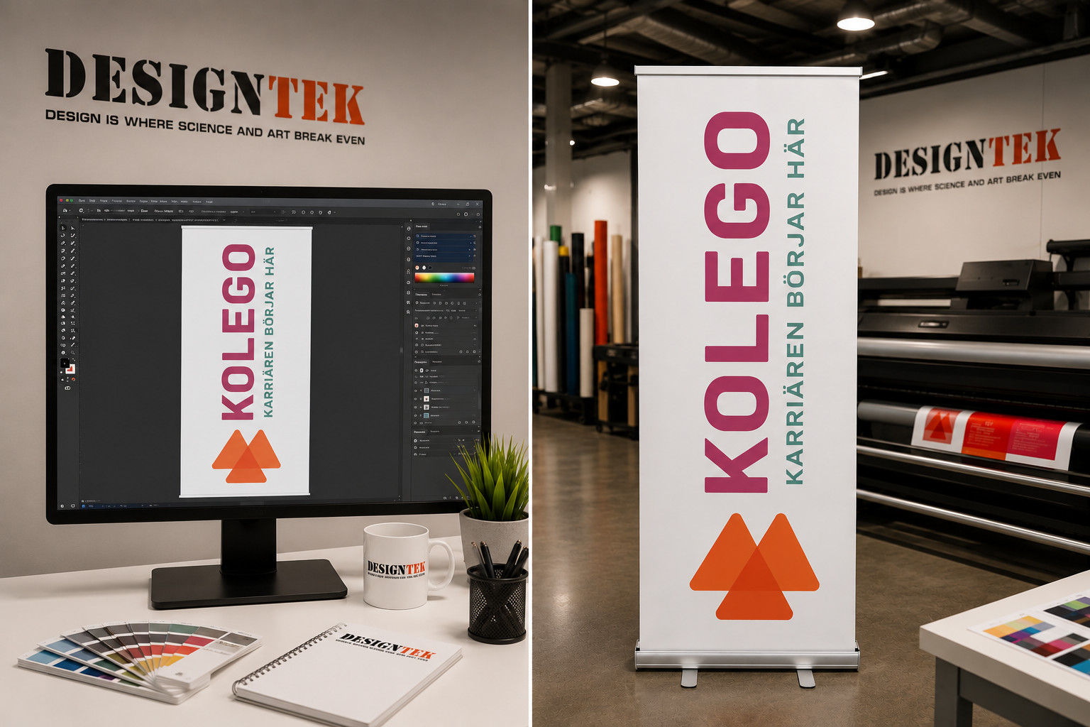 Processen från digital design på skärm till färdigtryckt professionell roll-up för företag.