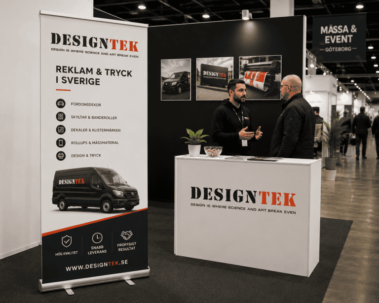 النص البديل (Alt-text): En professionell roll-up från Designtek placerad i en monter på en livlig mässa i Sverige.