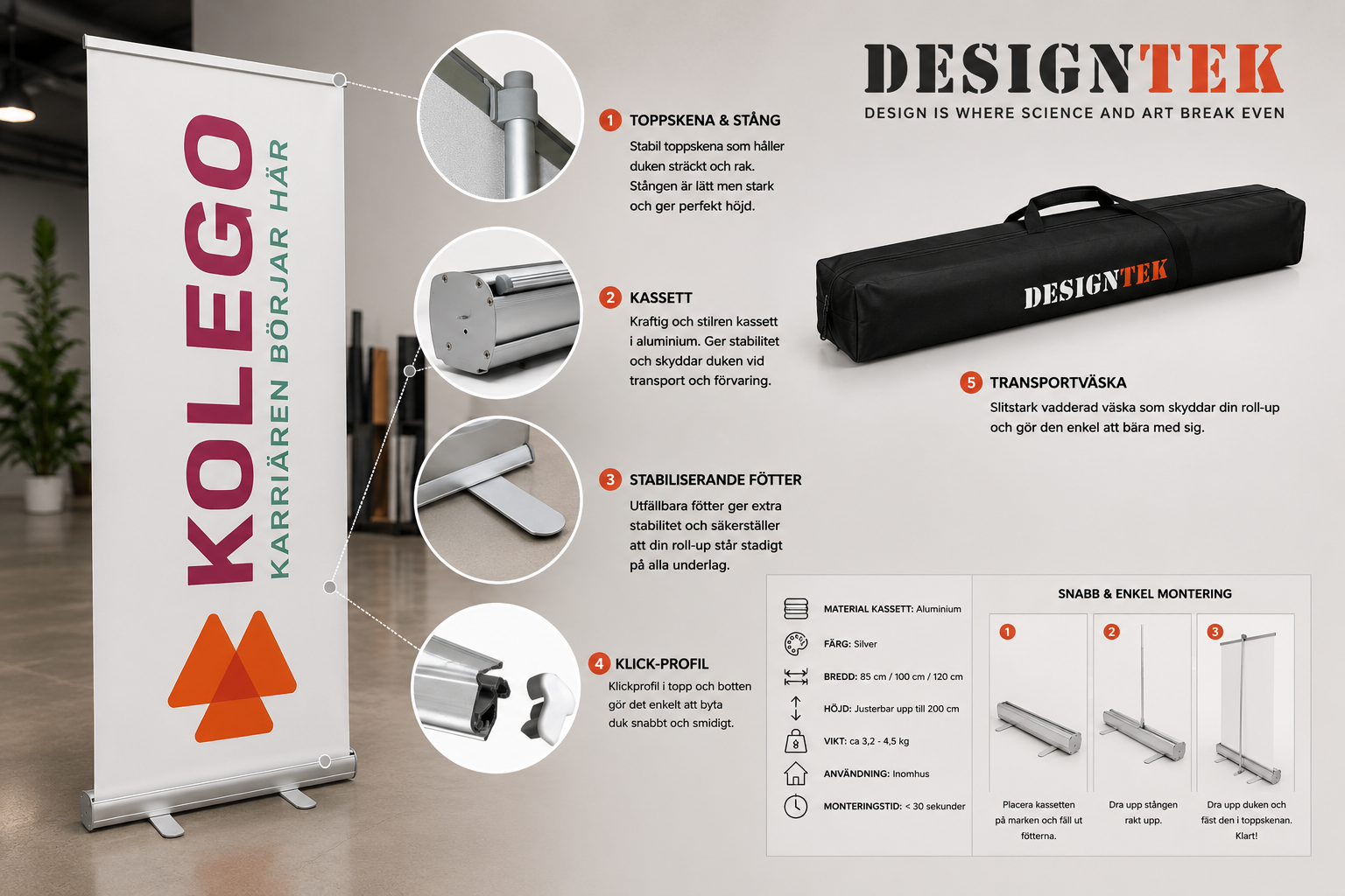 Rollup med detaljerad aluminiumkassett, toppskena, klickprofil och transportväska – Designtek Reklam Sverige.